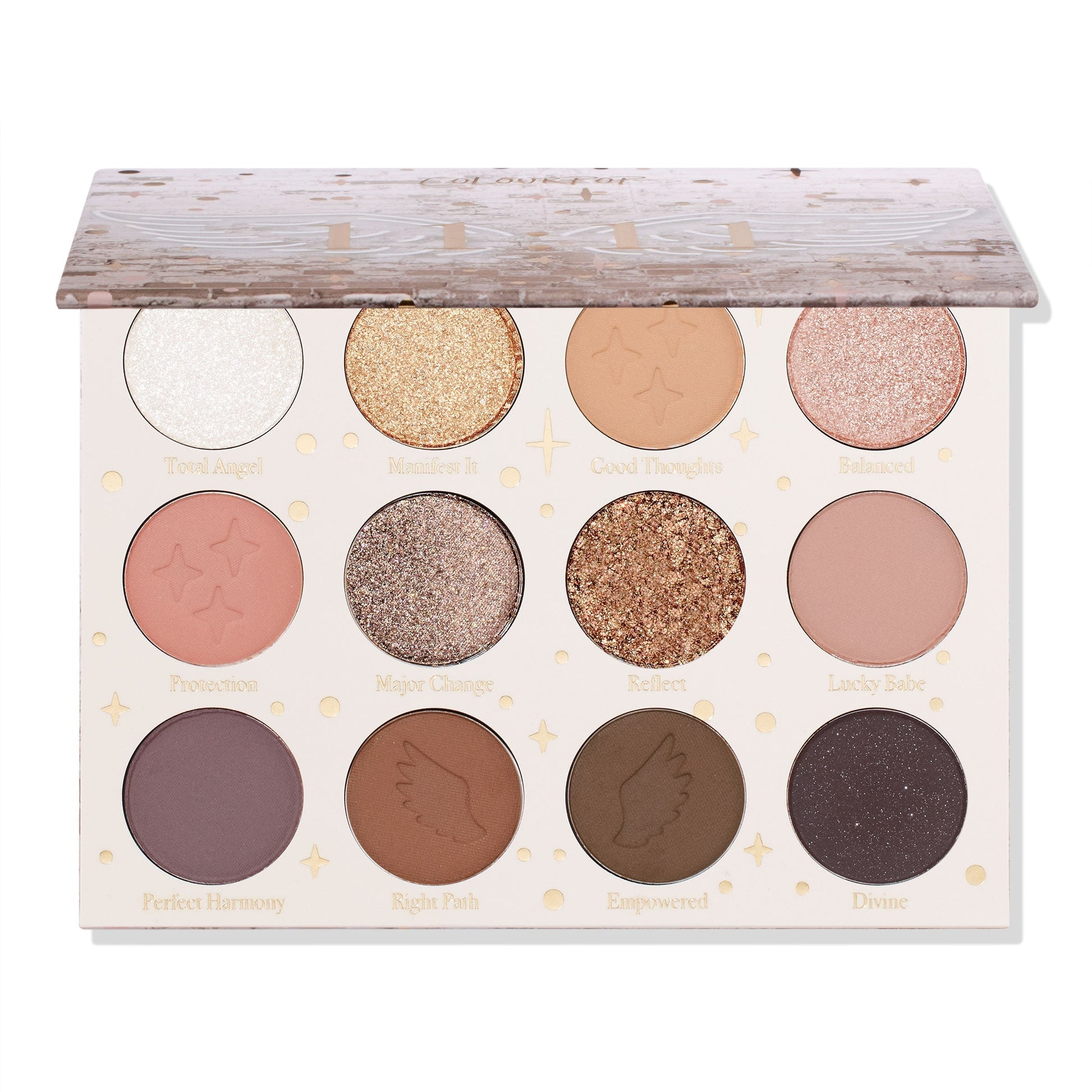 11:11 ColourPop Shadow Palette sits with lid half open, revealing 12 neutral shades - mattes and glittery metallics in ivory, gold, rose, taupe, warm browns, plum, and deep charcoal - with star/wing embossing and shade names on a white background.