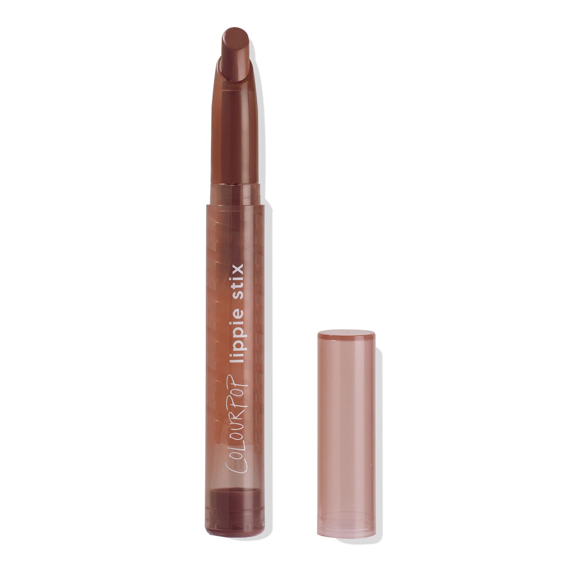 Thousand Percent Lippie Stix by ColourPop shown uncapped with its slanted bullet exposed, rosy-brown tube and matching clear cap on a white background, highlighting the warm brown lip color; ColourPop Lippie Stix.