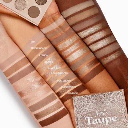 That’s Taupe ColourPop Shadow Palette swatched on multiple skin tones, displaying nine cool‑toned taupe shades - Boa, Pebble Beach, Python, Slated, Snake Eyes, Cold Blooded, Rock Steady, Constrictor, Bedrock - in matte and metallic finishes beside the snakeskin case.