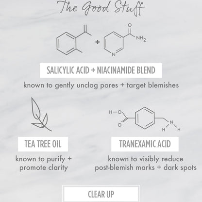 All Clear Purifying Serum ingredient graphic shows a salicylic acid + niacinamide blend, tea tree oil, and tranexamic acid, promoting unclogged pores, clearer skin, and reduced dark spots on a gray marble backdrop with molecular icons; ColourPop Face Serum.