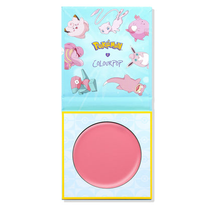 Metronome ColourPop Cream Blush opened to reveal a smooth rosy‑pink pan, set in a light‑blue compact with Pokémon x ColourPop artwork and yellow trim, displayed against a clean white background.