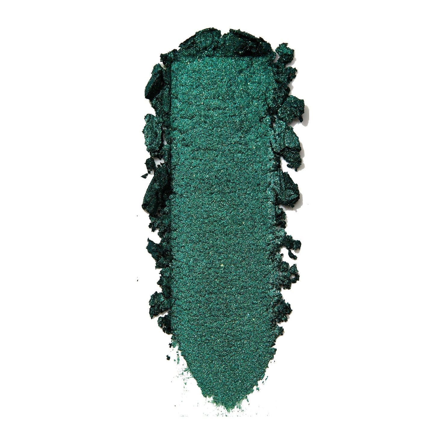Empire Super Shock Shadow by ColourPop swatched in a single elongated smear, showing a rich metallic emerald green with fine shimmer and soft crumbled edges on a white background to highlight texture and pigment payoff.