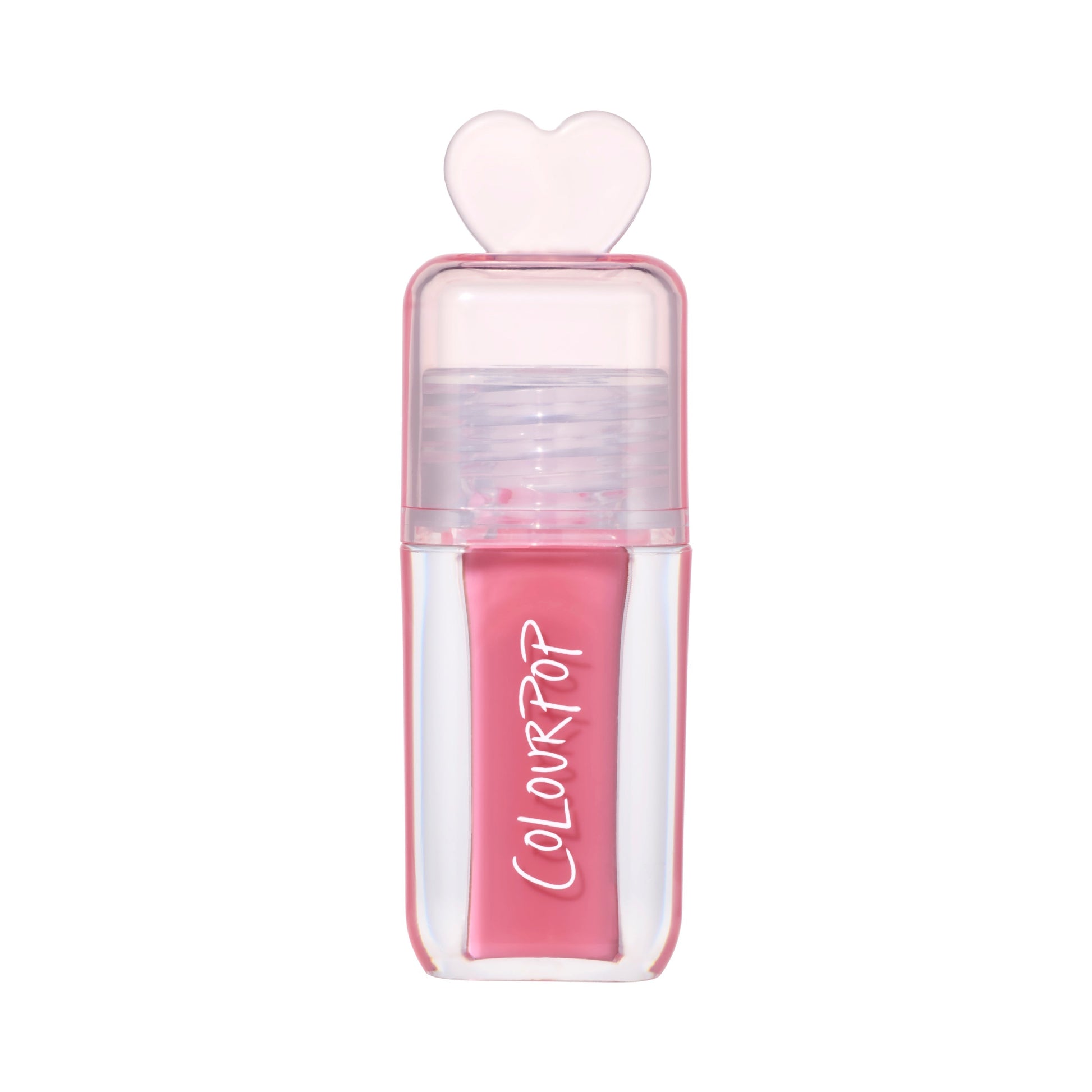 ColourPop Still That Girl ultra glossy lip in pink, standing upright with a clear rectangular tube, heart-shaped cap, and Heart to Get inspired packaging on a clean white background for a modern makeup product shot.