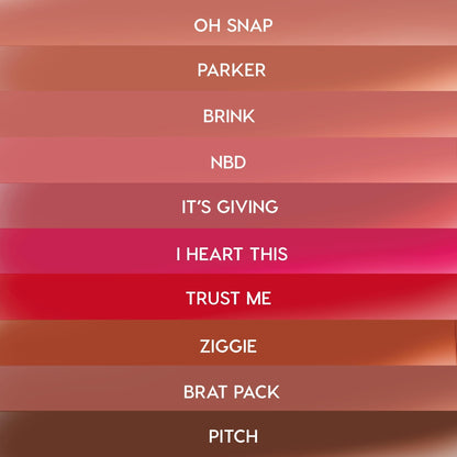 ColourPop Lippie Stix swatches from The Lil Box of Lippie Stix, shown as stacked strips labeled Oh Snap, Parker, Brink, NBD, It’s Giving, I Heart This, Trust Me, Ziggie, Brat Pack, Pitch, spanning nude pinks to hot pink, red, and deep brown.