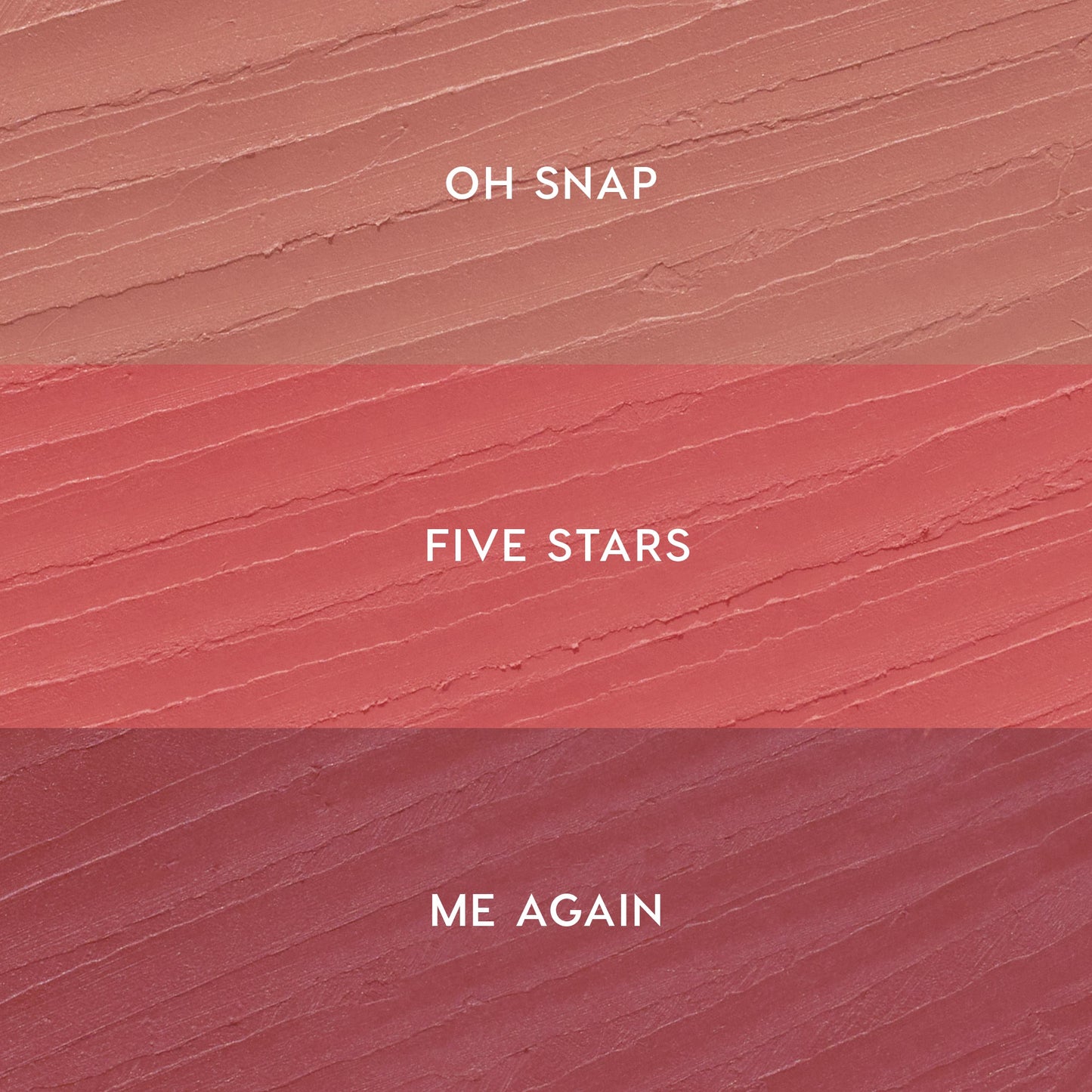 ColourPop Lippie Pencil Pinky Promise kit swatches display three shades in horizontal stripes: Oh Snap (soft nude pink) on top, Five Stars (warm rosy pink) in the middle, and Me Again (mauve berry) on bottom, shown on a textured smear.