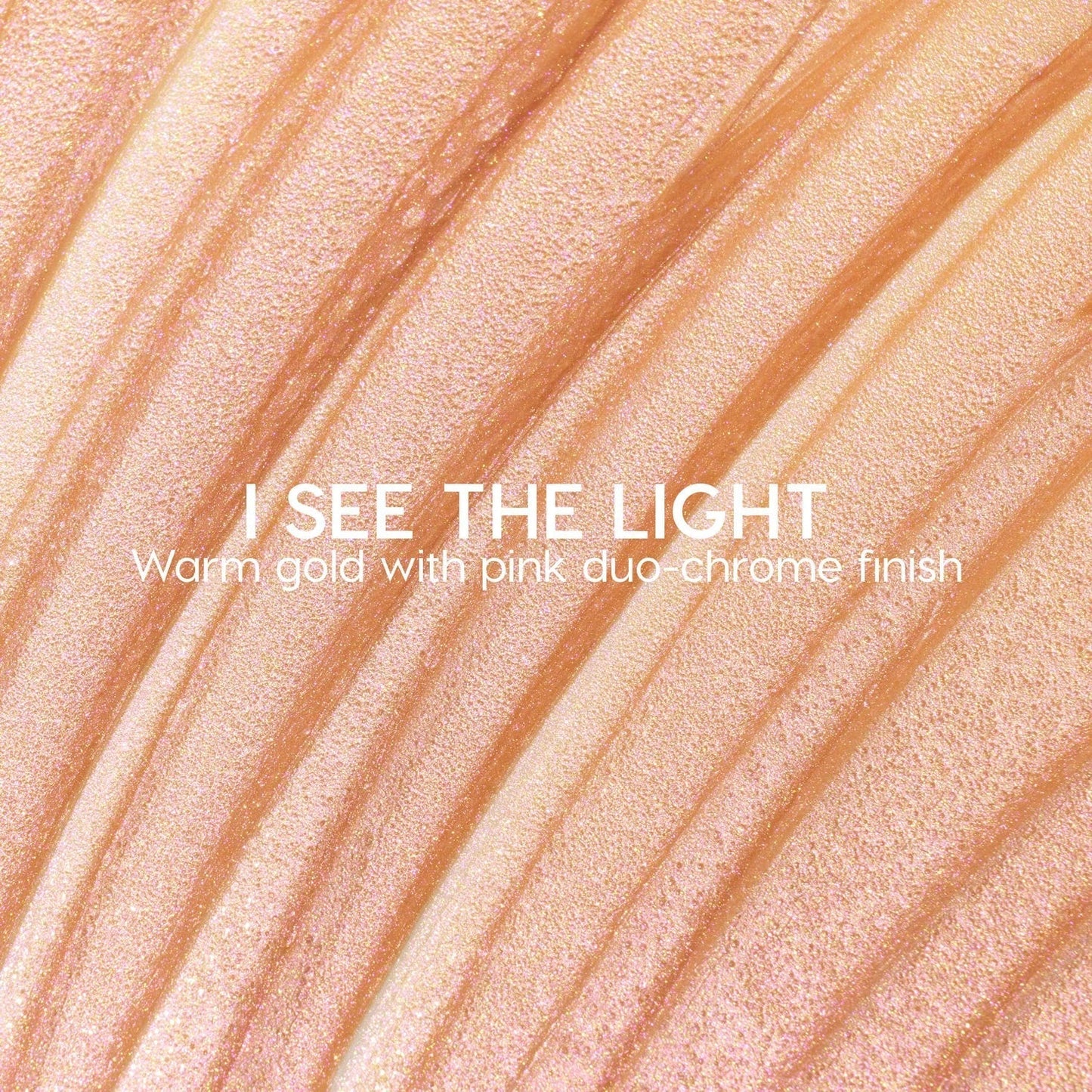 I See the Light ColourPop Liquid Highlighter swatched in sweeping ridges, showing a warm gold base with pink duochrome shimmer; creamy liquid texture gleams under light in a close-up macro for a luminous glow.