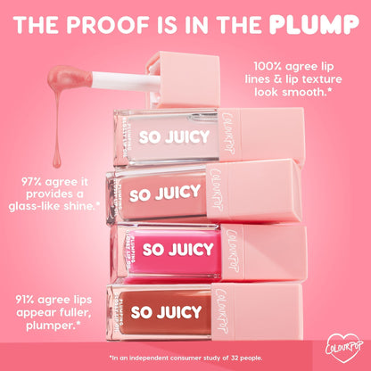 ColourPop So Juicy Lip Oil Set It’s Giving Juicy stacked tubes with a dripping doe-foot applicator, showing clear, pink, and nude shades on a pink backdrop; infographic highlights glass-like shine, smoother lip lines, and a fuller look.